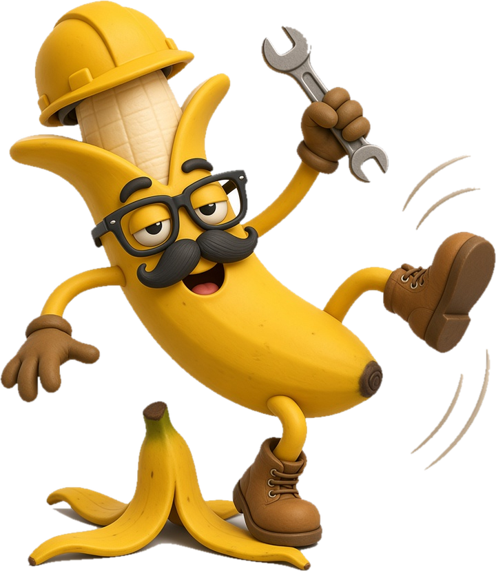 Seu Banana de capacete, óculos e bigode escorregando numa casca de banana
